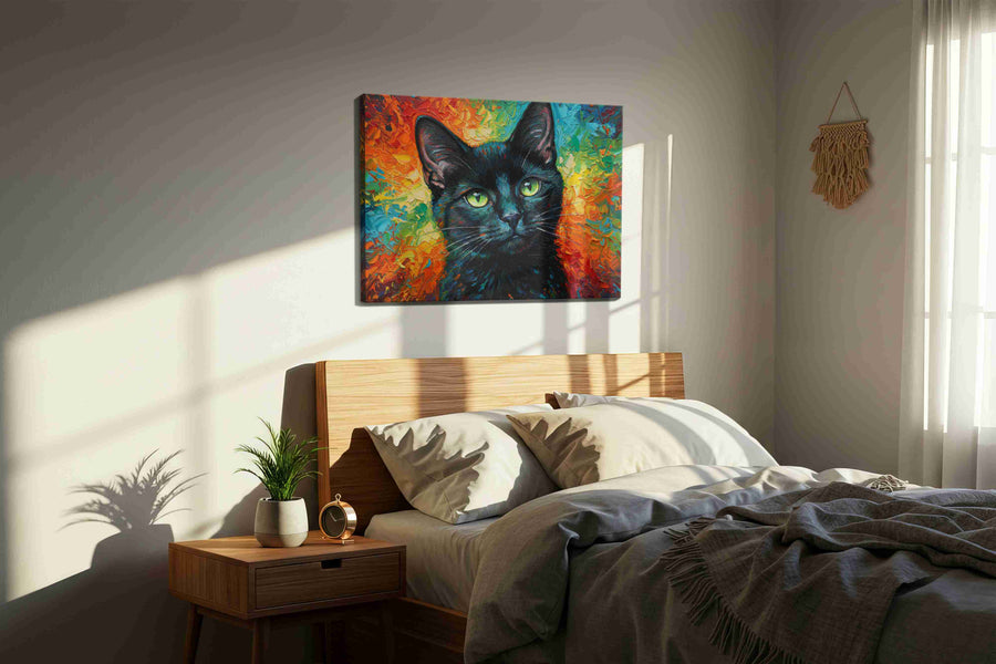 Luminous Feline Gaze cats canvas print, displayed in a bedroom