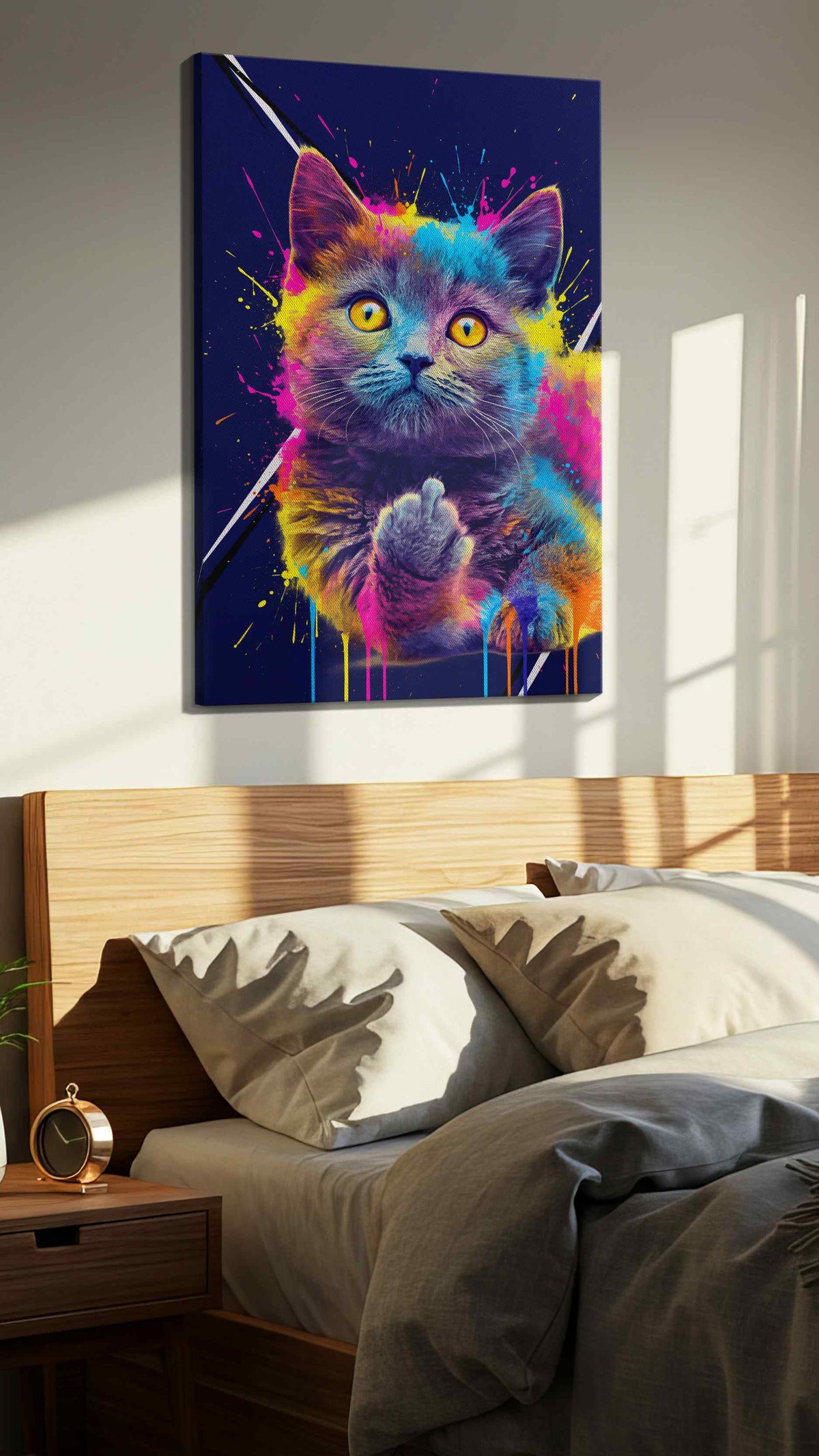 Neon Whiskers Explosion cats canvas print, displayed in a bedroom