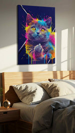 Neon Whiskers Explosion cats canvas print, displayed in a bedroom