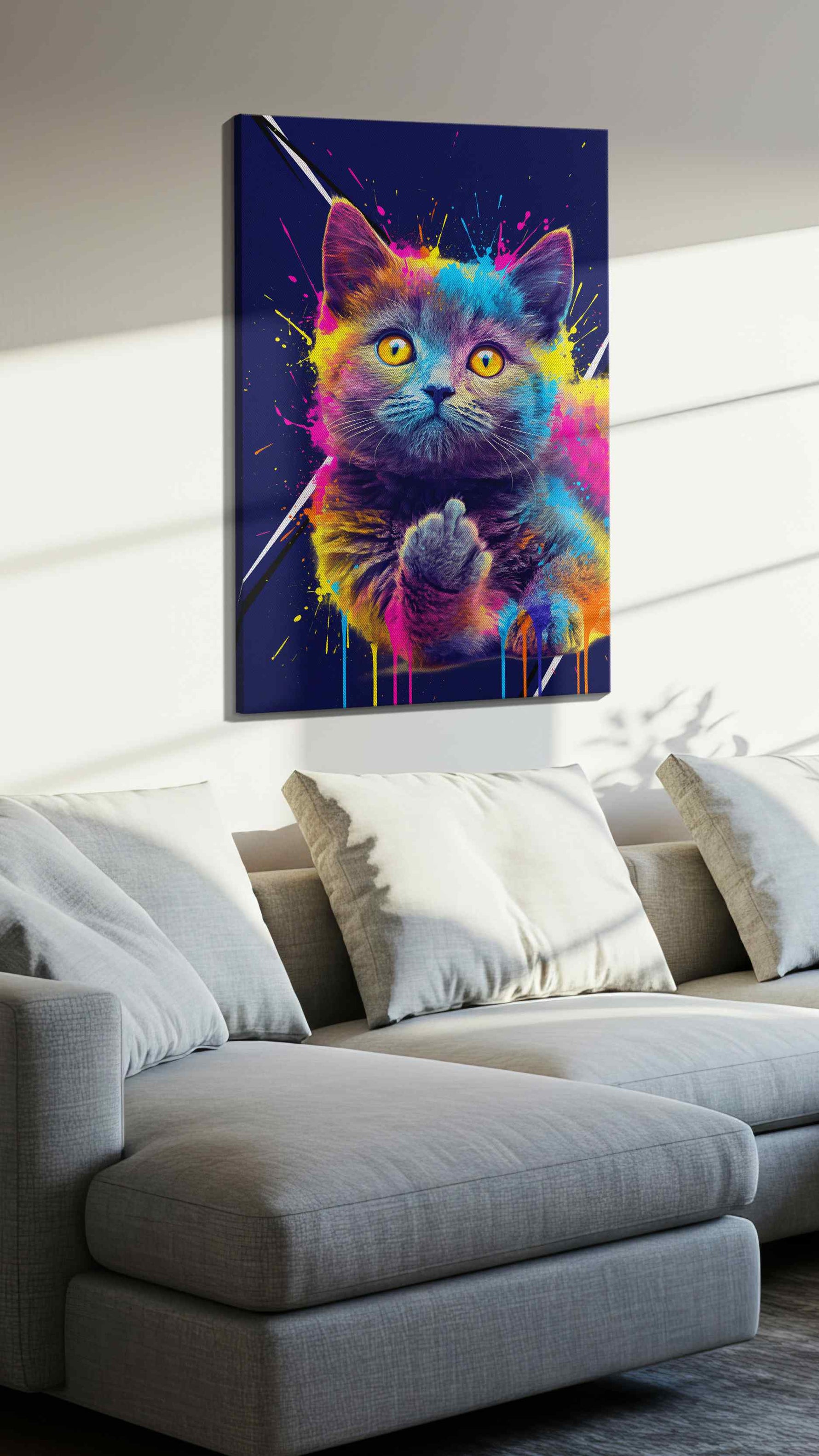 Neon Whiskers Explosion cats canvas print, displayed in a living room