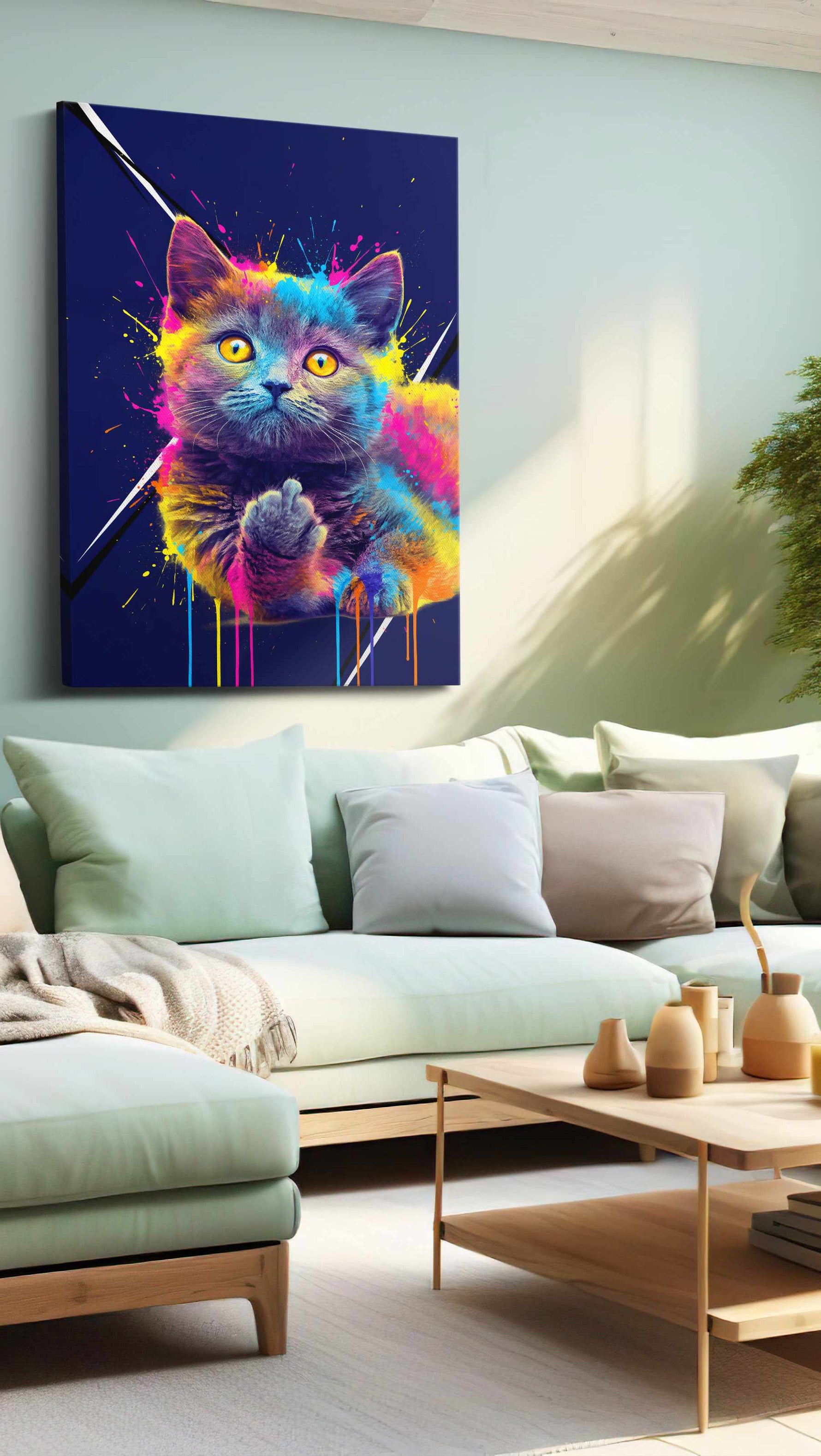 Neon Whiskers Explosion cats canvas print, hanging on wall
