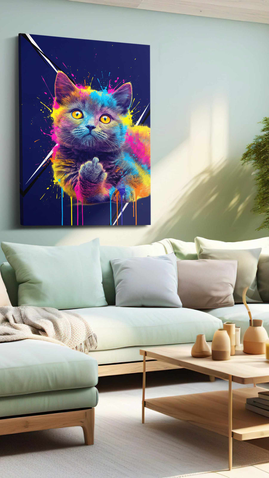 Neon Whiskers Explosion cats canvas print, hanging on wall