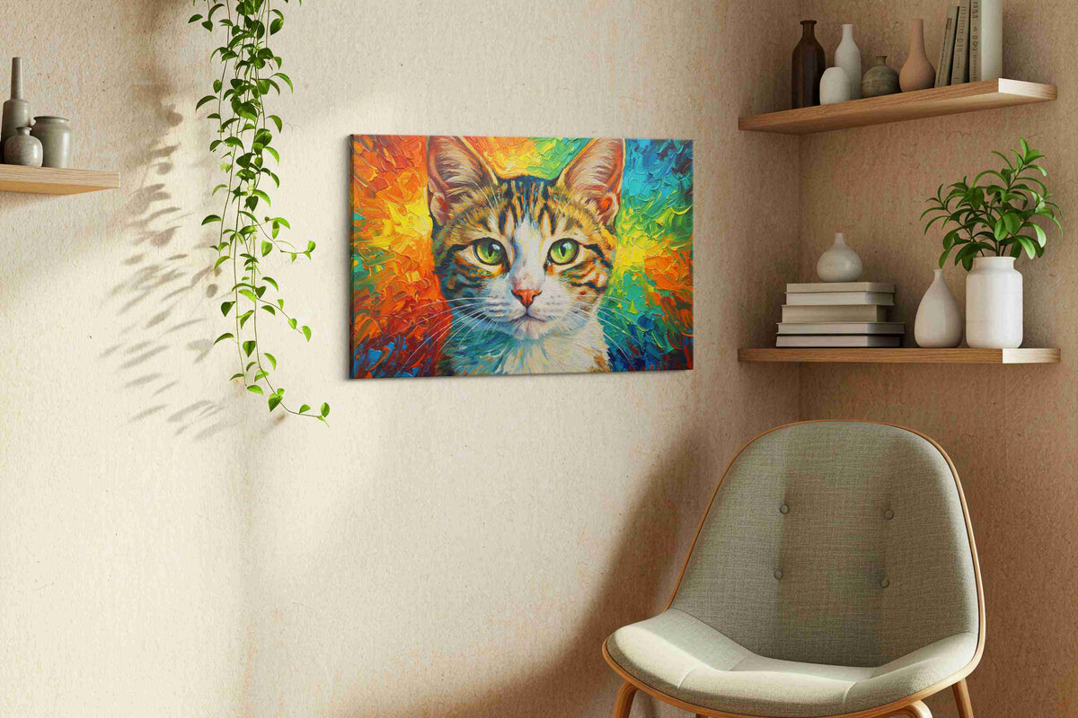 Prismatic Feline Gaze cats canvas print, displayed in a living room