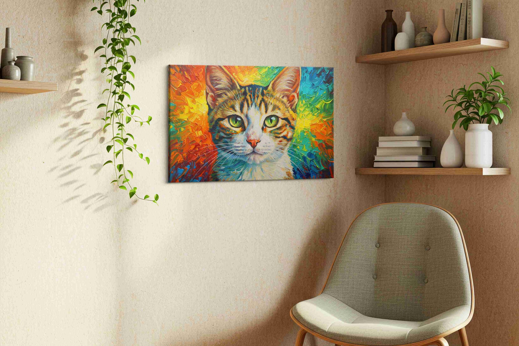 Prismatic Feline Gaze cats canvas print, displayed in a living room