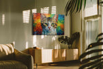 Prismatic Feline Gaze cats canvas print in a contemporary interior mockup