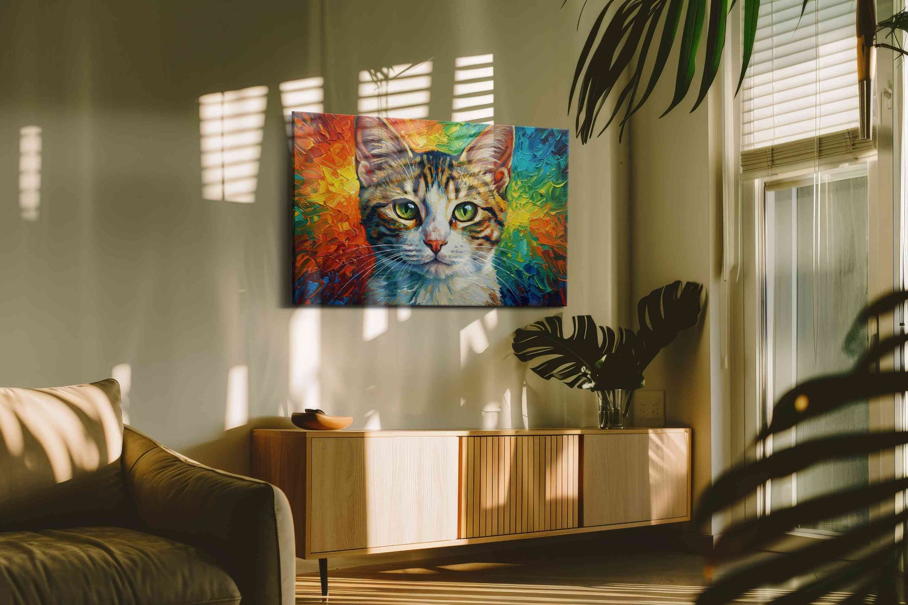 Prismatic Feline Gaze cats canvas print in a contemporary interior mockup