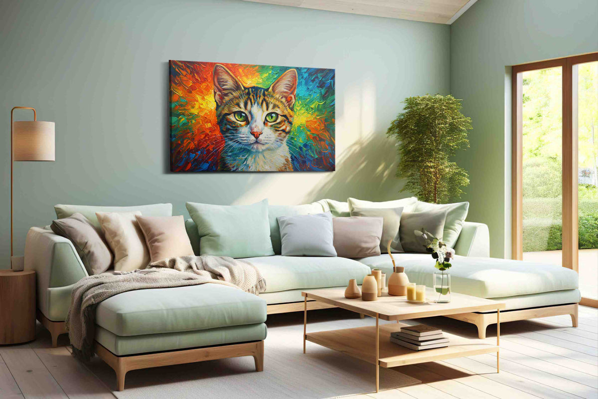 Prismatic Feline Gaze cats canvas print, hanging on wall