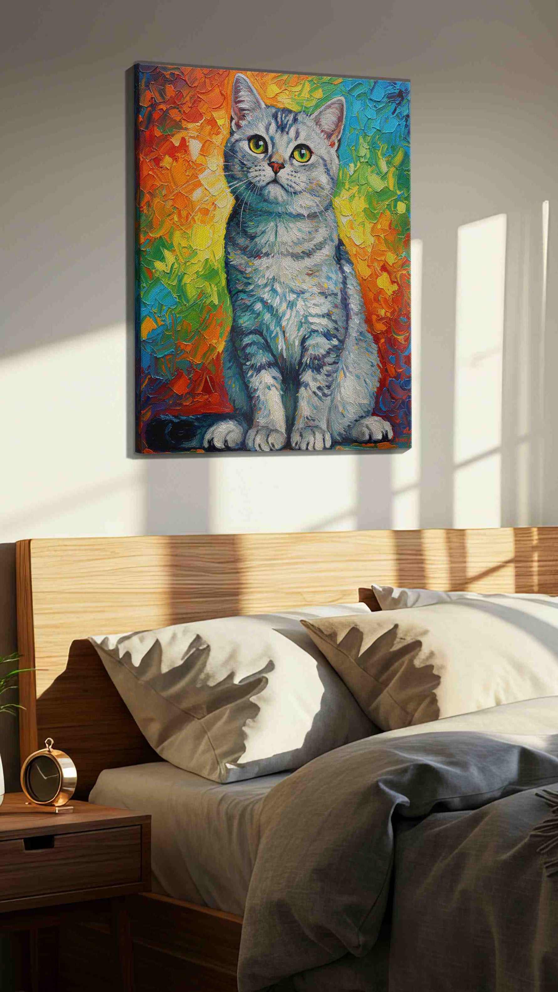 Prismatic Feline Reverie cats canvas print, displayed in a bedroom