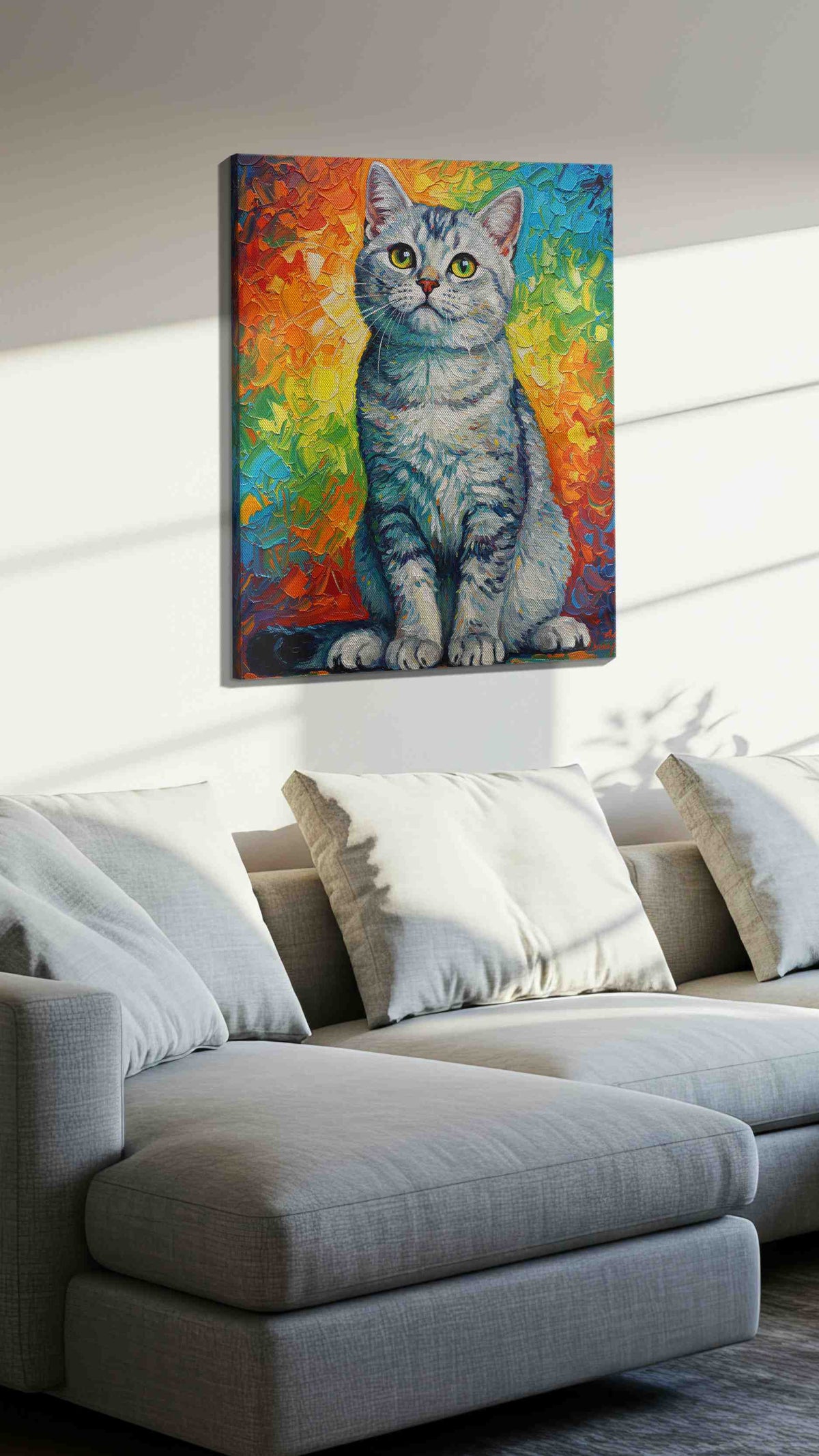 Prismatic Feline Reverie cats canvas print, displayed in a living room