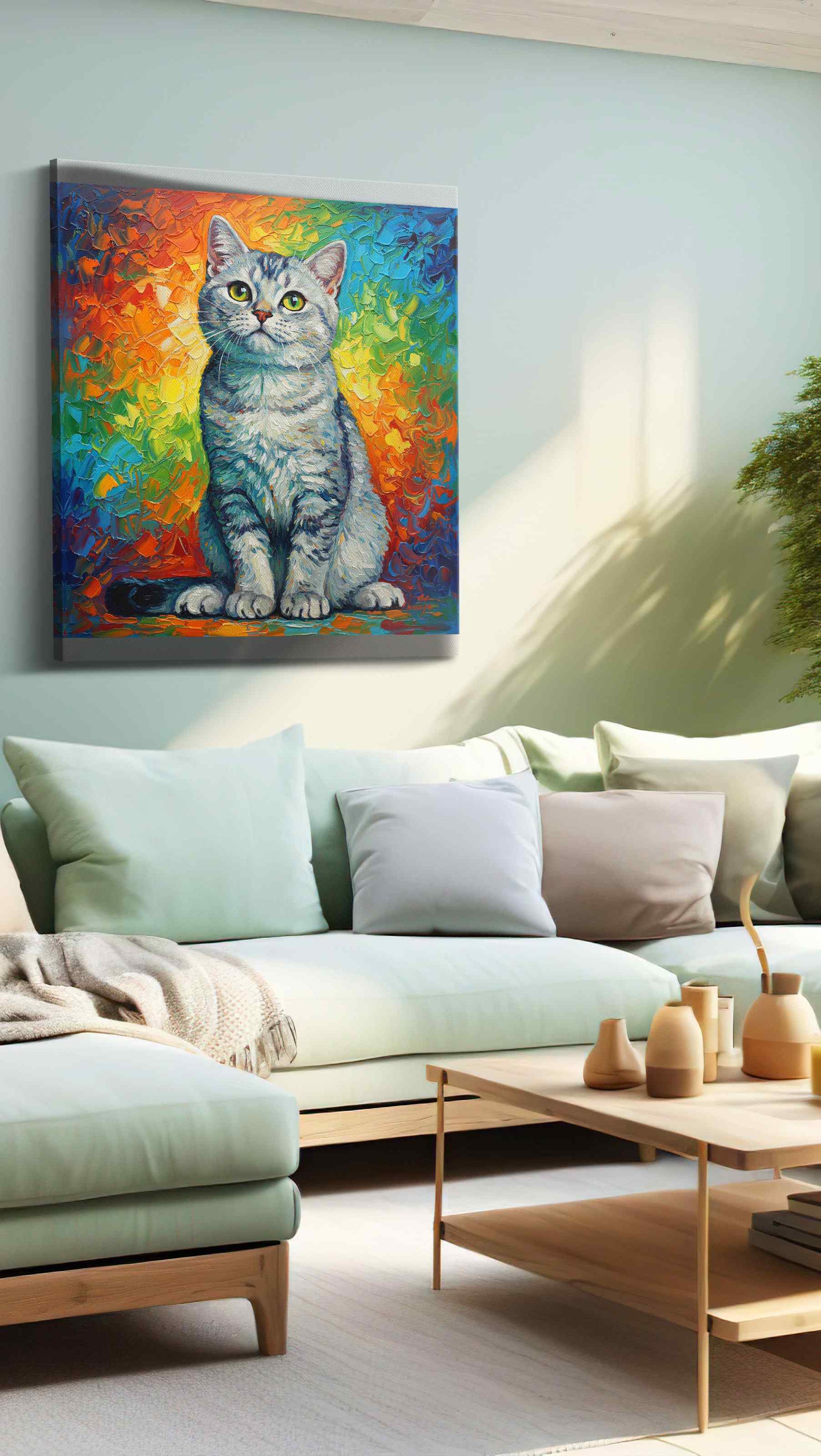 Prismatic Feline Reverie cats canvas print, hanging on wall