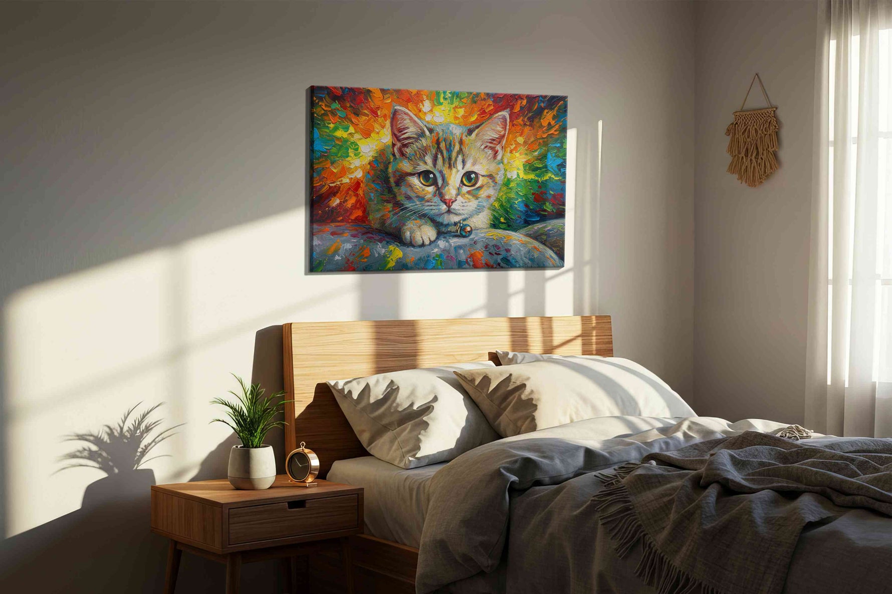 Radiant Whiskers cats canvas print, displayed in a bedroom