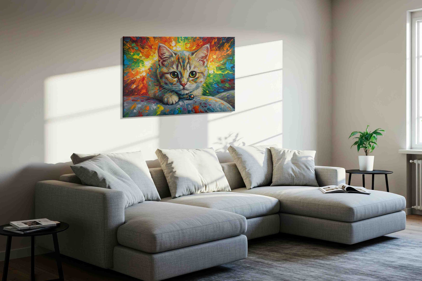 Radiant Whiskers cats canvas print, displayed in a living room