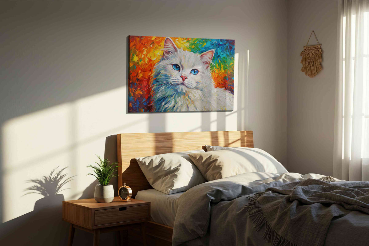 Rainbow Whiskers cats canvas print, displayed in a bedroom