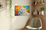 Rainbow Whiskers cats canvas print, displayed in a living room