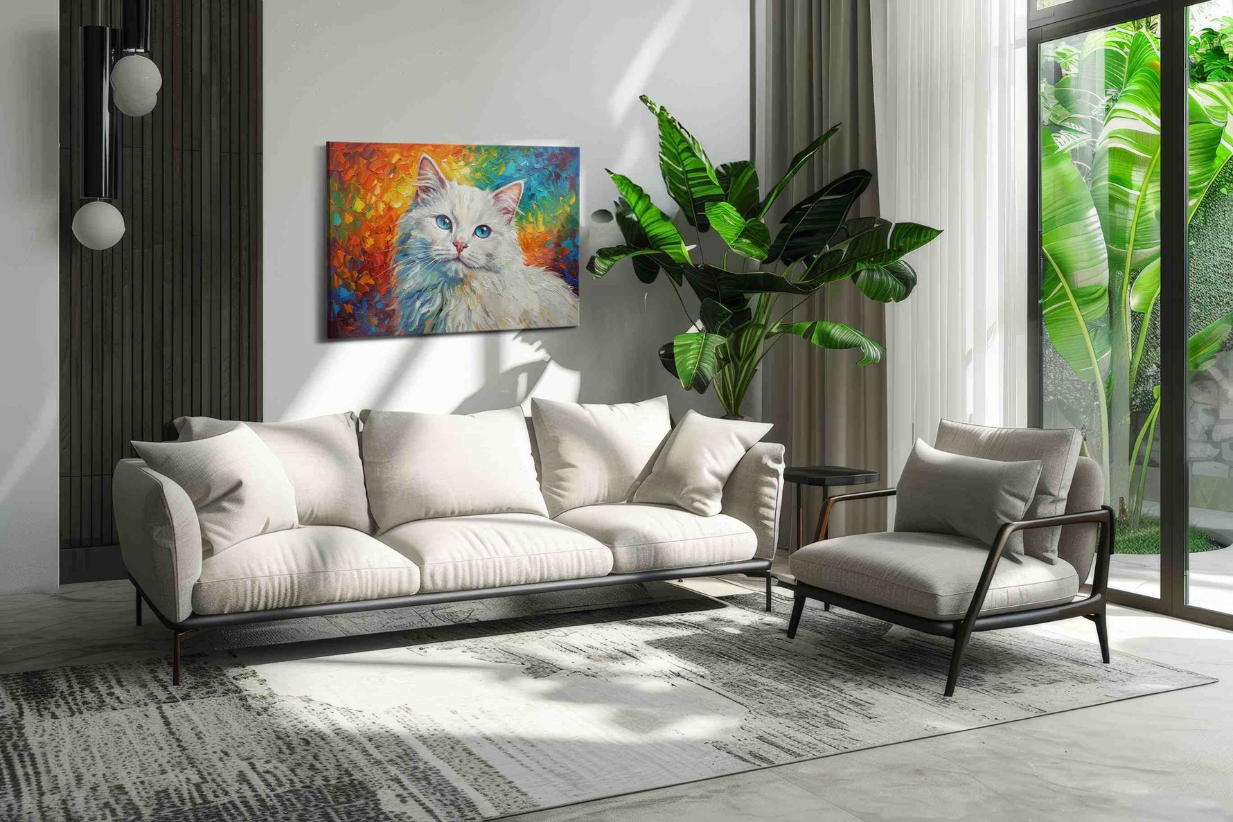 Rainbow Whiskers cats canvas print in a modern interior mockup