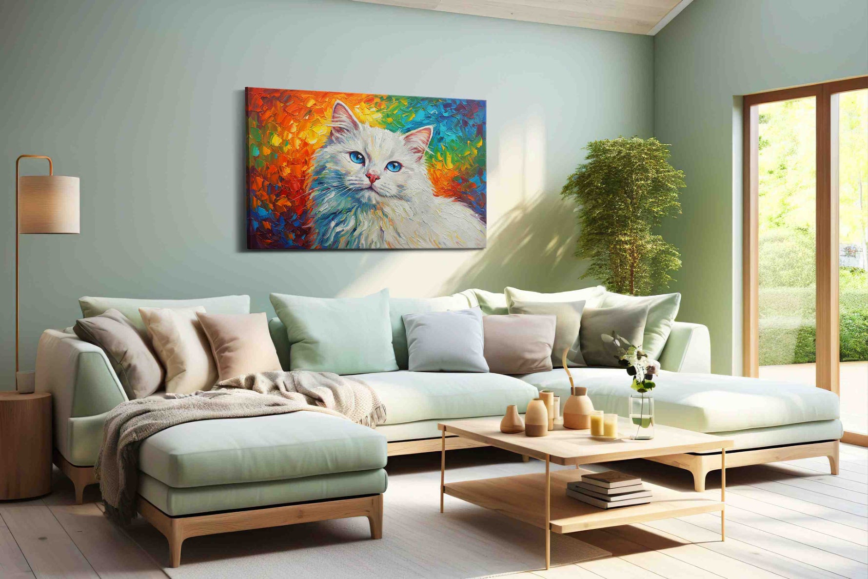 Rainbow Whiskers cats canvas print, hanging on wall