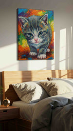 Rainbow Whiskers II cats canvas print, displayed in a bedroom