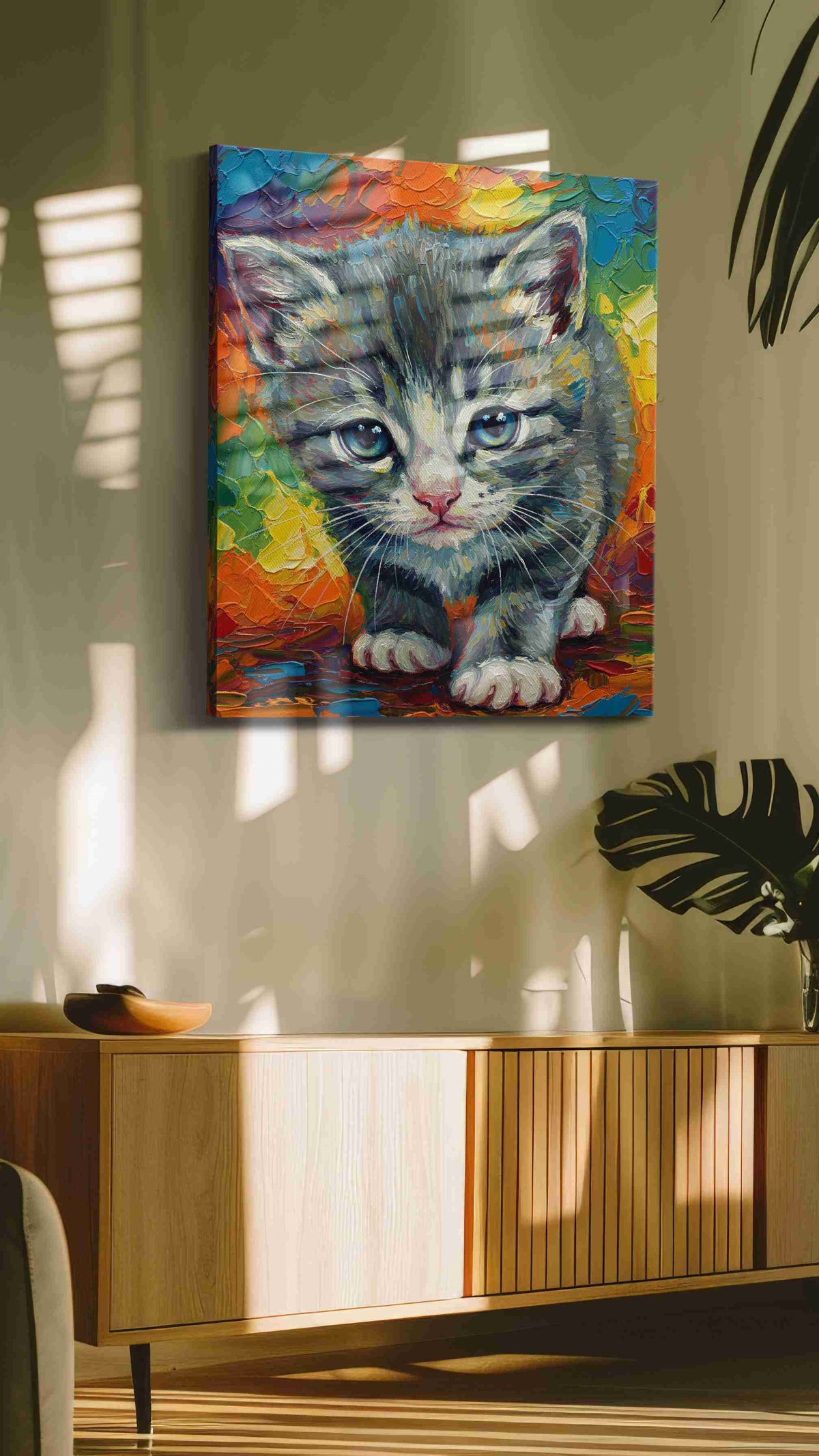 Rainbow Whiskers II cats canvas print, on wall, lifestyle preview