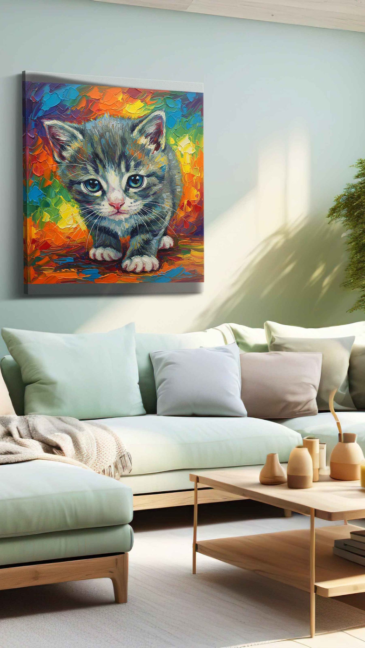 Rainbow Whiskers II cats canvas print, hanging on wall