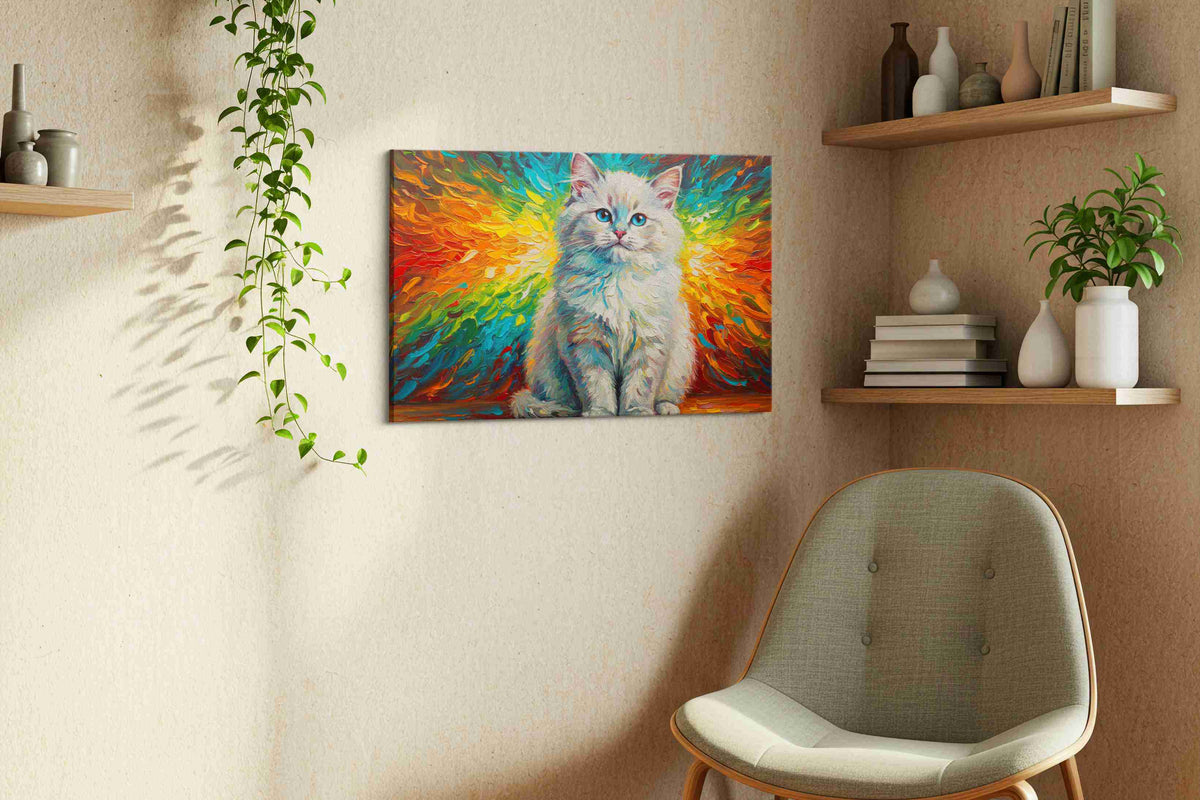 Rainbow Whiskers of Serenity cats canvas print, hanging on wall — view 2
