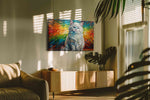 Rainbow Whiskers of Serenity cats canvas print in a hung canvas mockup