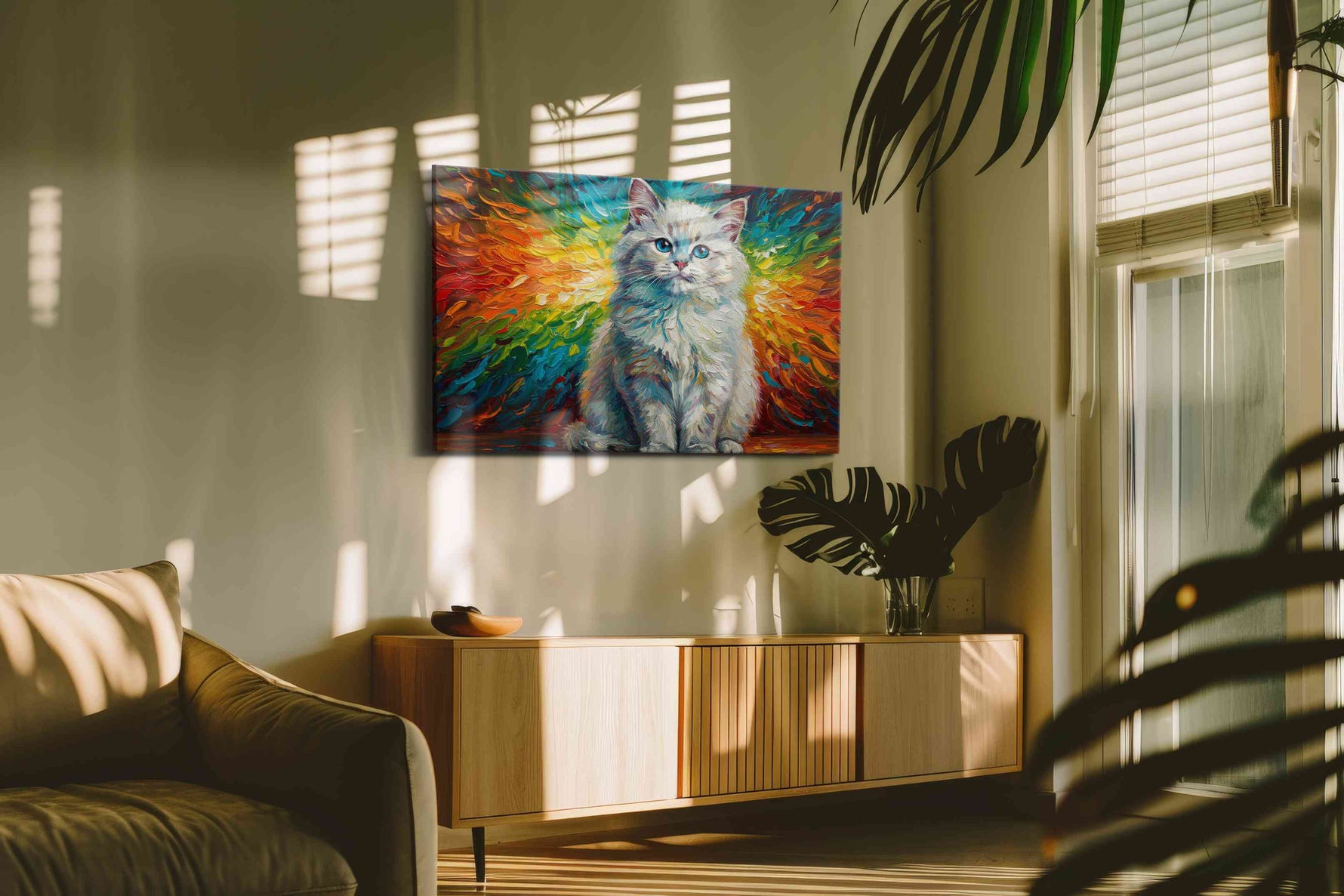 Rainbow Whiskers of Serenity cats canvas print in a hung canvas mockup