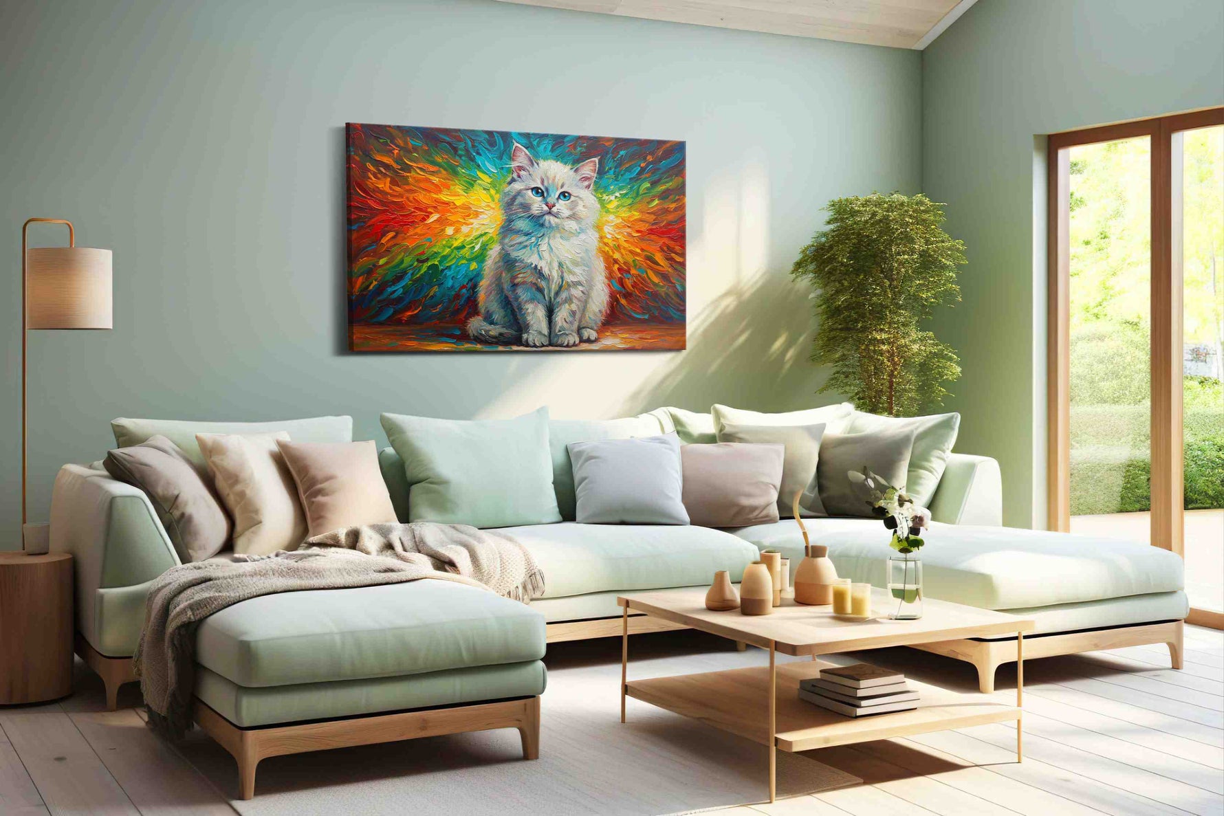 Rainbow Whiskers of Serenity cats canvas print shown in a wall scene