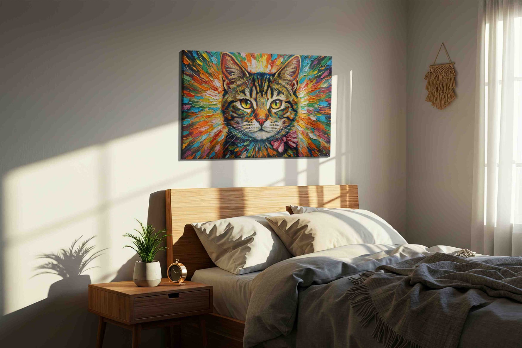 Spectral Whiskers of Serenity cats canvas print, displayed in a bedroom