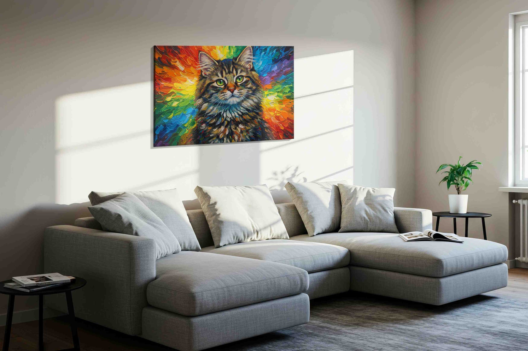 Spectrum Whiskers cats canvas print, displayed in a living room