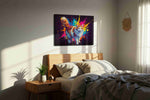 Vibrant Feline Symphony cats canvas print, displayed in a bedroom
