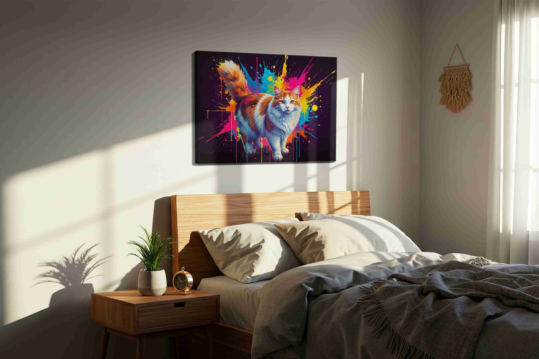 Vibrant Feline Symphony cats canvas print, displayed in a bedroom