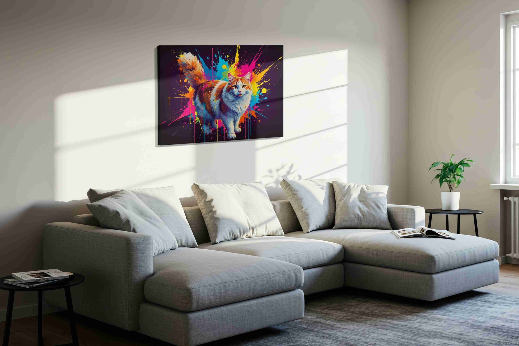 Vibrant Feline Symphony cats canvas print in a living room scene