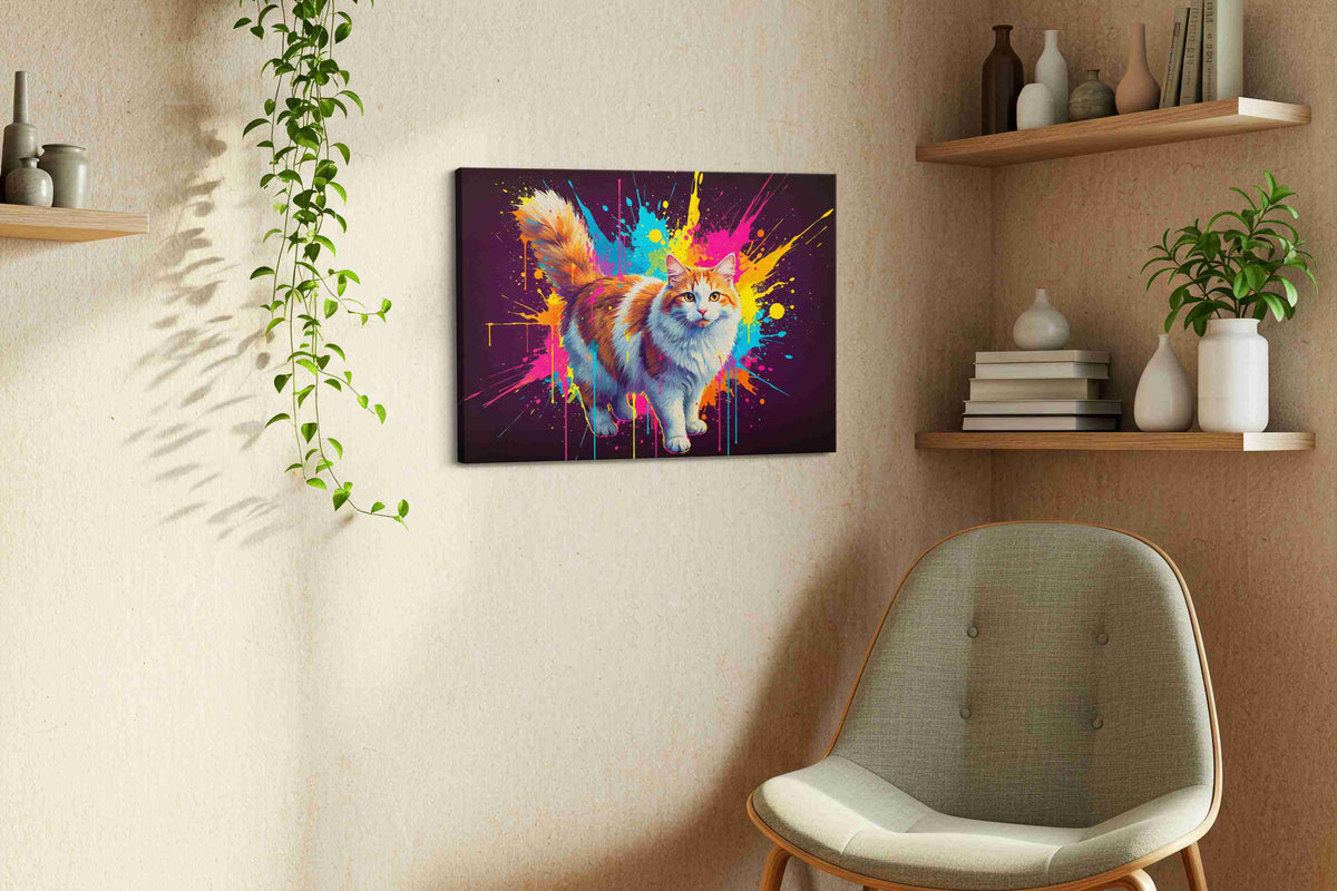 Vibrant Feline Symphony cats canvas print, displayed in a living room
