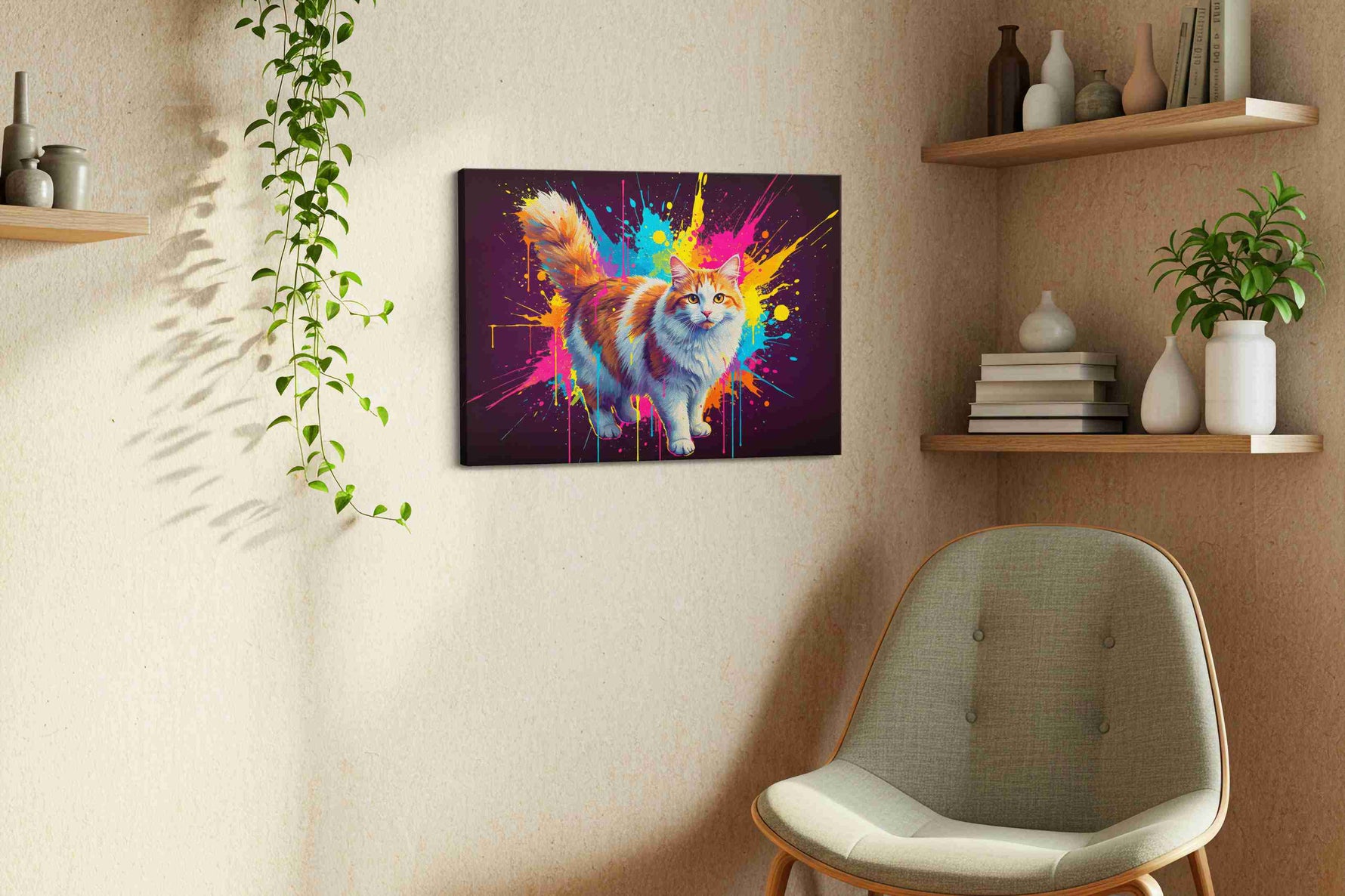 Vibrant Feline Symphony cats canvas print, displayed in a living room