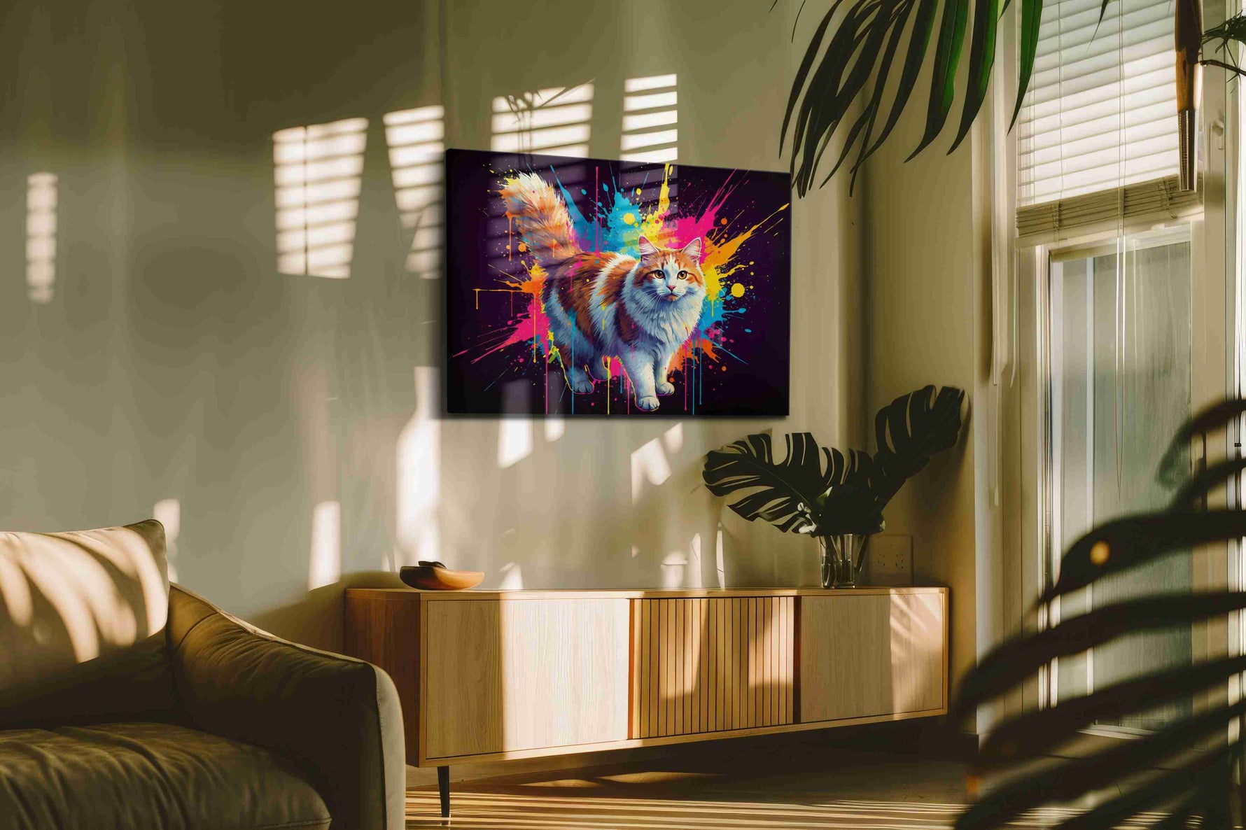 Vibrant Feline Symphony cats canvas print, on wall, lifestyle preview