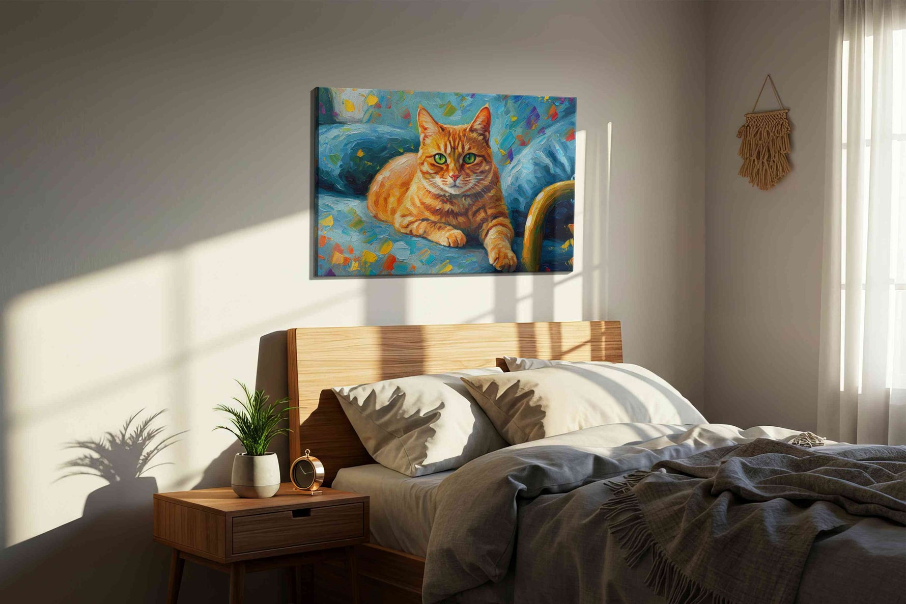 Vibrant Gaze of the Feline cats canvas print, displayed in a bedroom