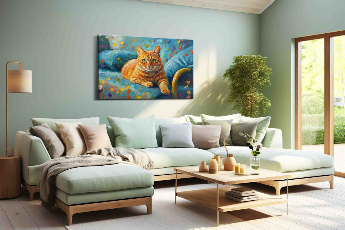 Vibrant Gaze of the Feline cats canvas print shown in a wall scene
