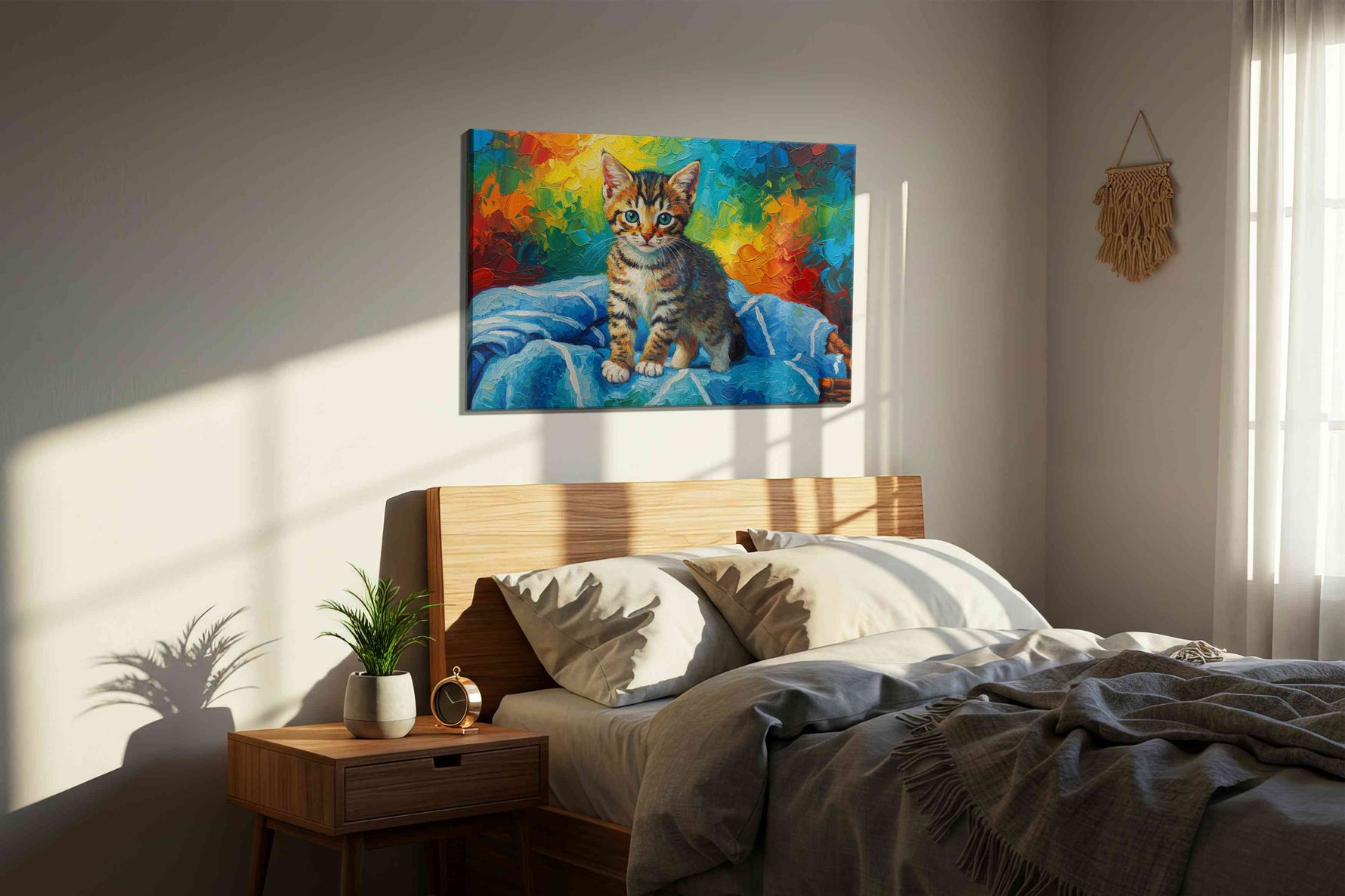 Vibrant Kitten Dreams cats canvas print, displayed in a bedroom