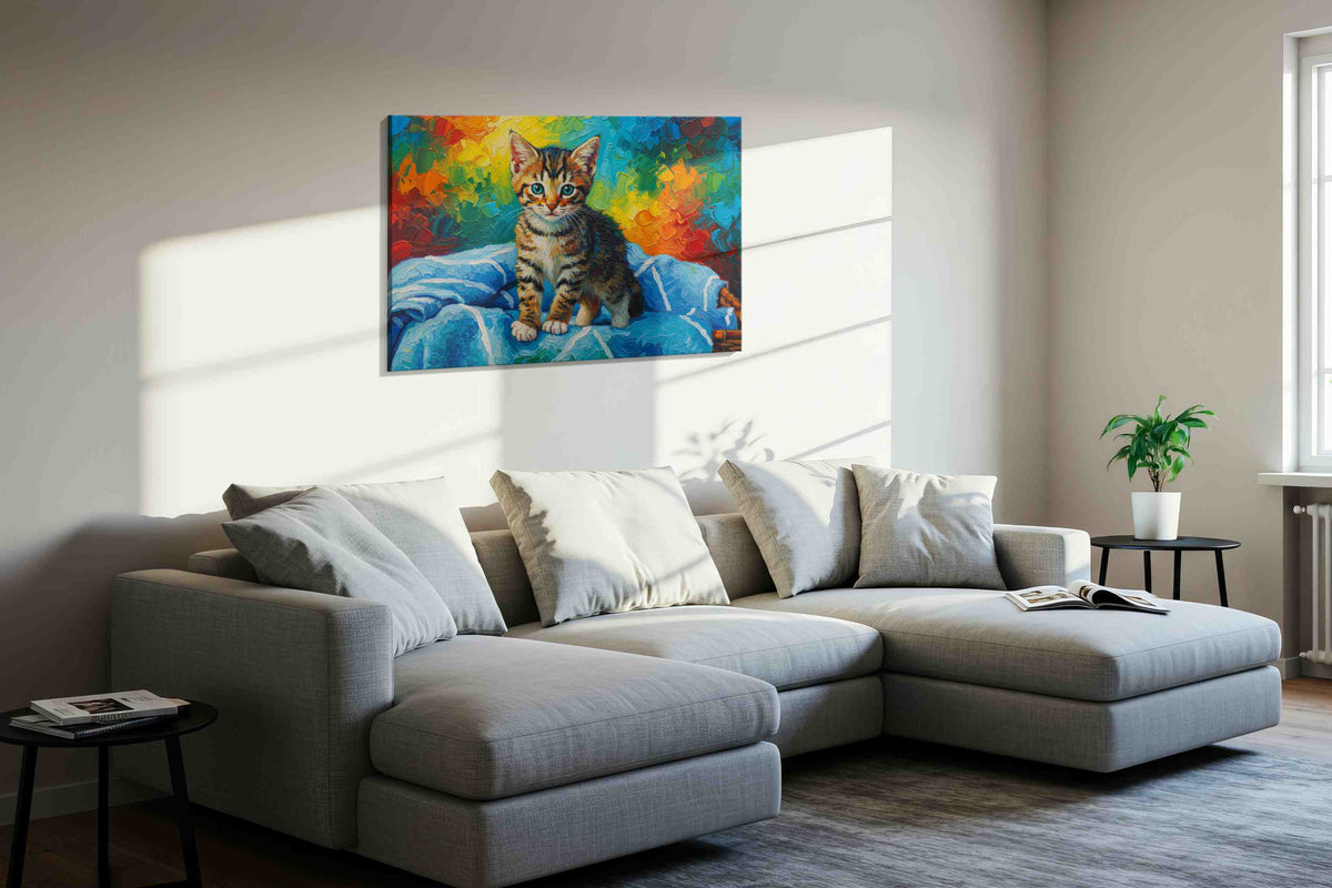 Vibrant Kitten Dreams cats canvas print in a living room scene