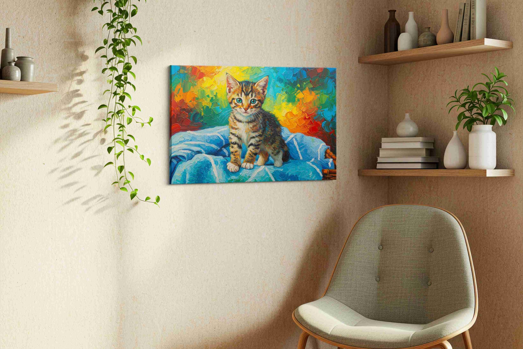 Vibrant Kitten Dreams cats canvas print, displayed in a living room