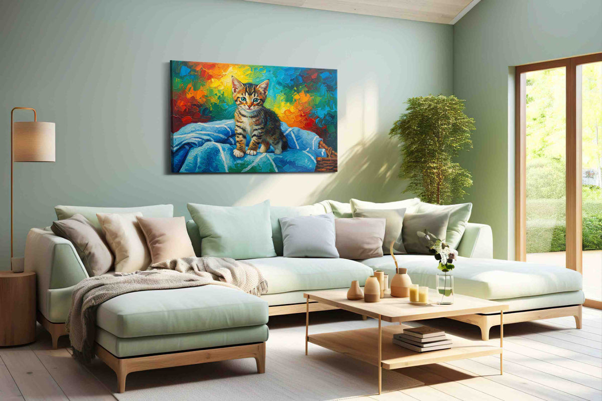 Vibrant Kitten Dreams cats canvas print, hanging on wall