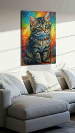 Vibrant Whiskers Symphony cats canvas print, displayed in a living room