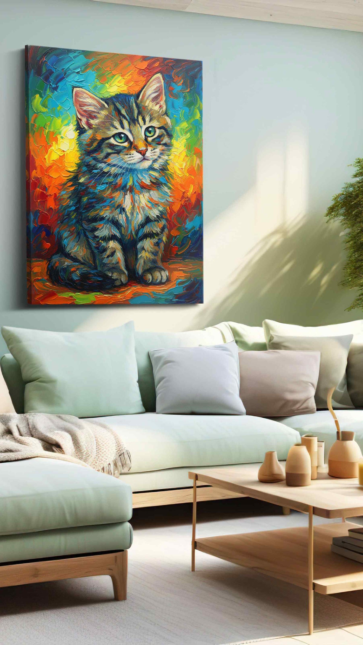 Vibrant Whiskers Symphony cats canvas print, hanging on wall