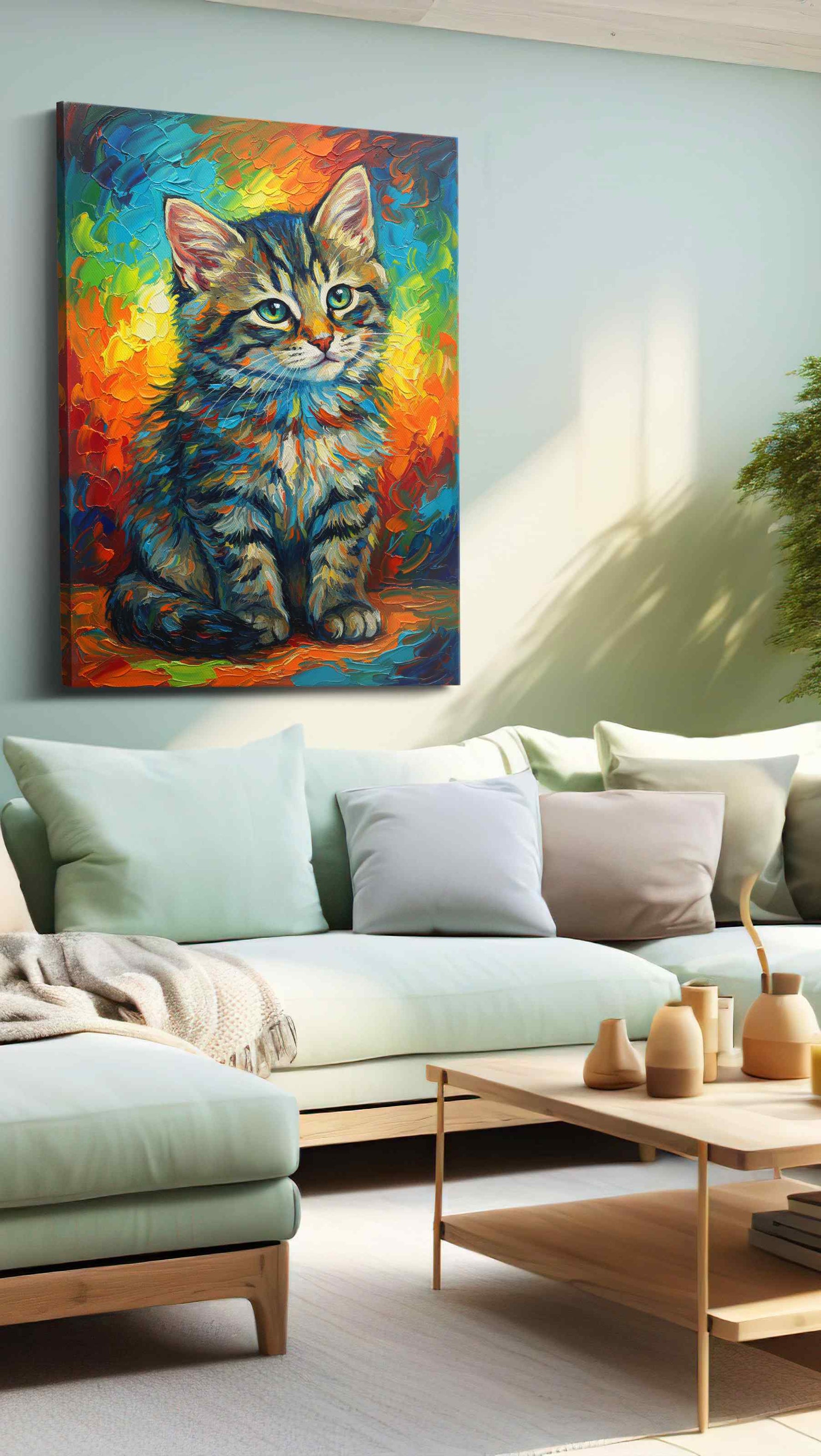 Vibrant Whiskers Symphony cats canvas print, hanging on wall