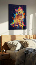 Vibrant Whiskers The Neon Kitten cats canvas print, displayed in a bedroom