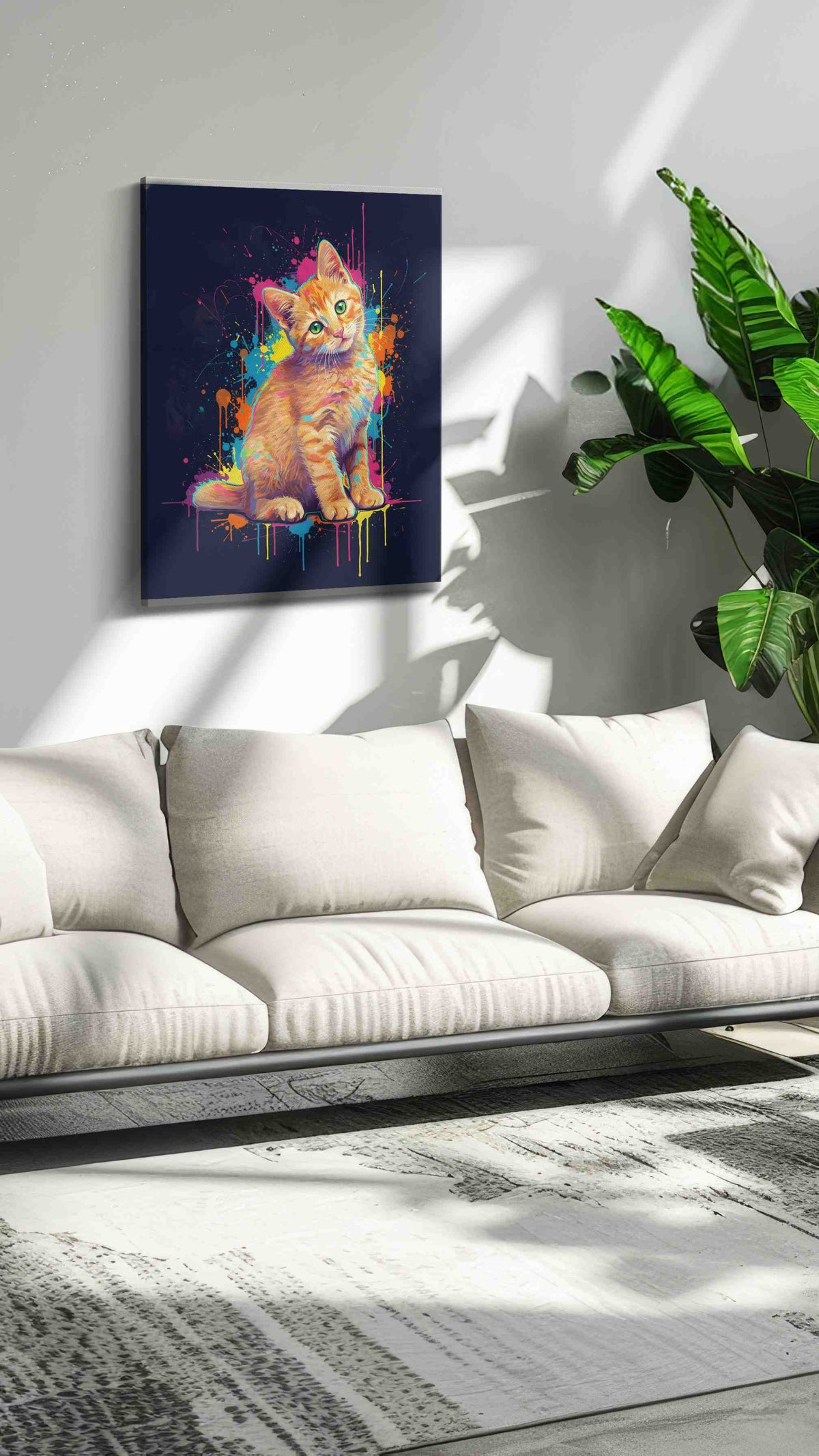 Vibrant Whiskers The Neon Kitten cats canvas print, hanging on wall