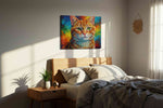 Vivid Feline Majesty cats canvas print, displayed in a bedroom