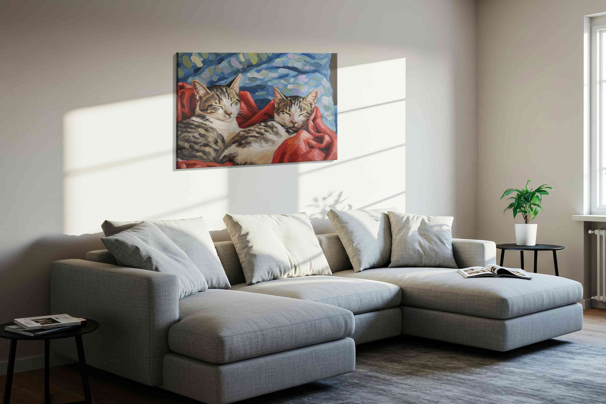 Whiskered Dreamscape dogs canvas print, displayed in a living room