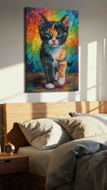 Whiskered Kaleidoscope Dream cats canvas print, displayed in a bedroom