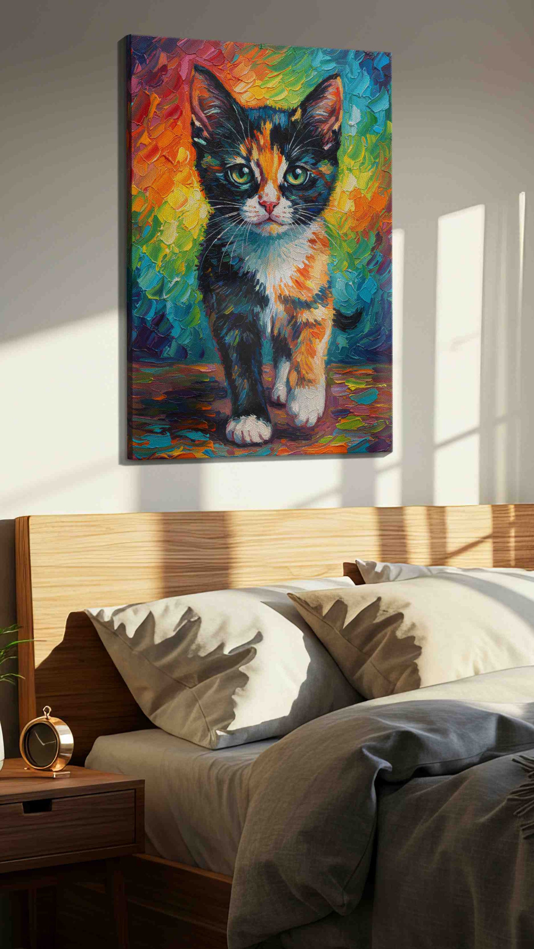 Whiskered Kaleidoscope Dream cats canvas print, displayed in a bedroom